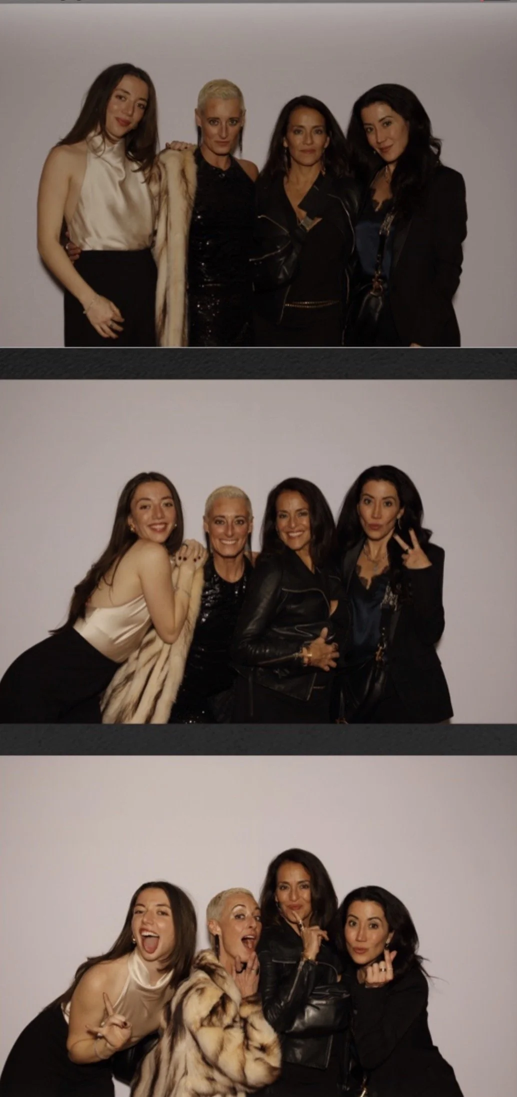 A series of three photos showing four women posing together in front of a plain background, making different expressions and gestures in each photo.