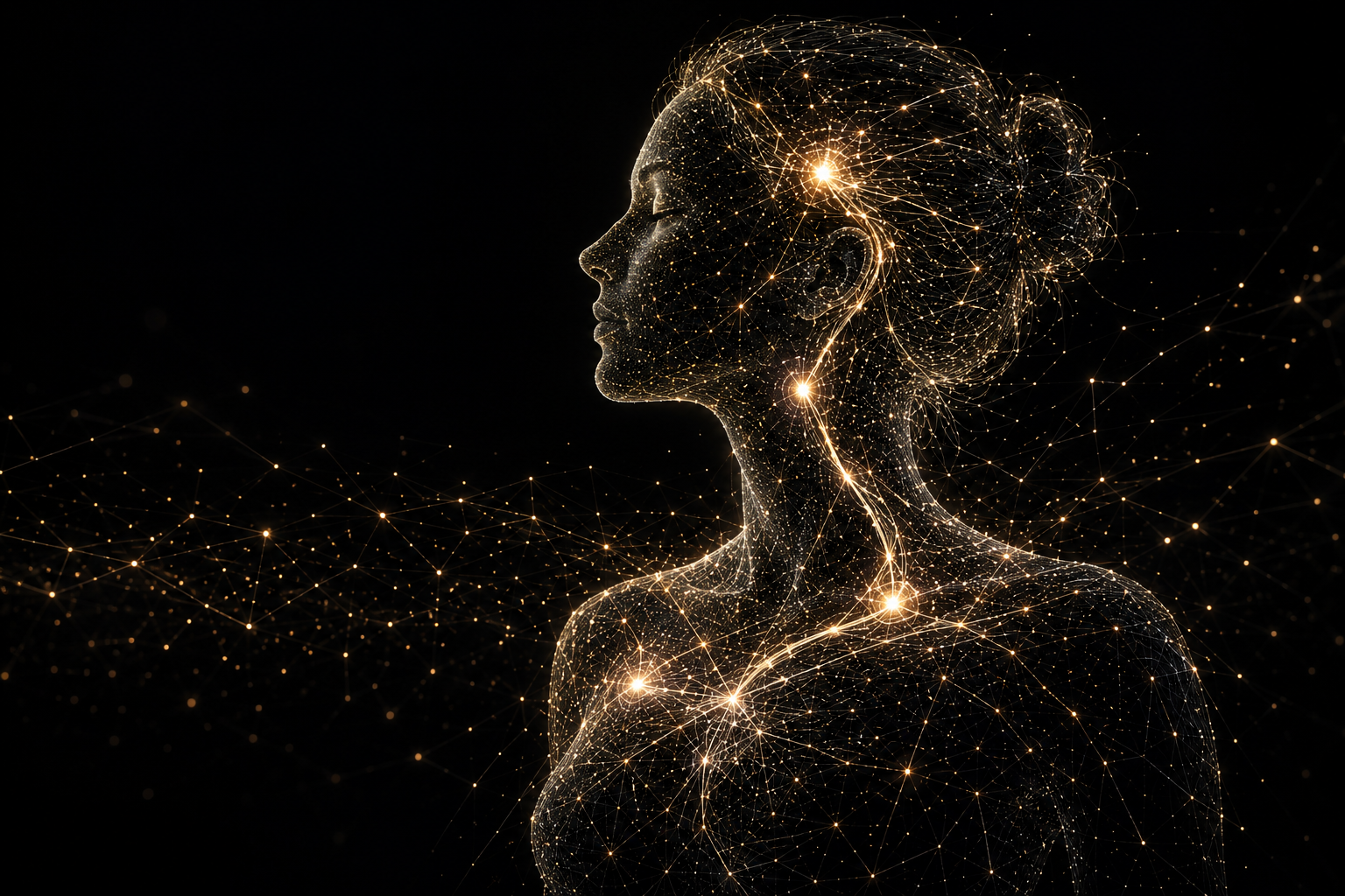 Digital illustration of a woman in profile composed of glowing interconnected points and lines, resembling a neural network, set against a dark background.
