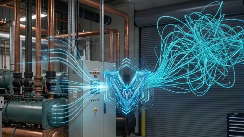 A digital graphic with a stylized blue fox head emitting blue light trails and lines, overlaid on industrial machinery and pipes in a mechanical room.