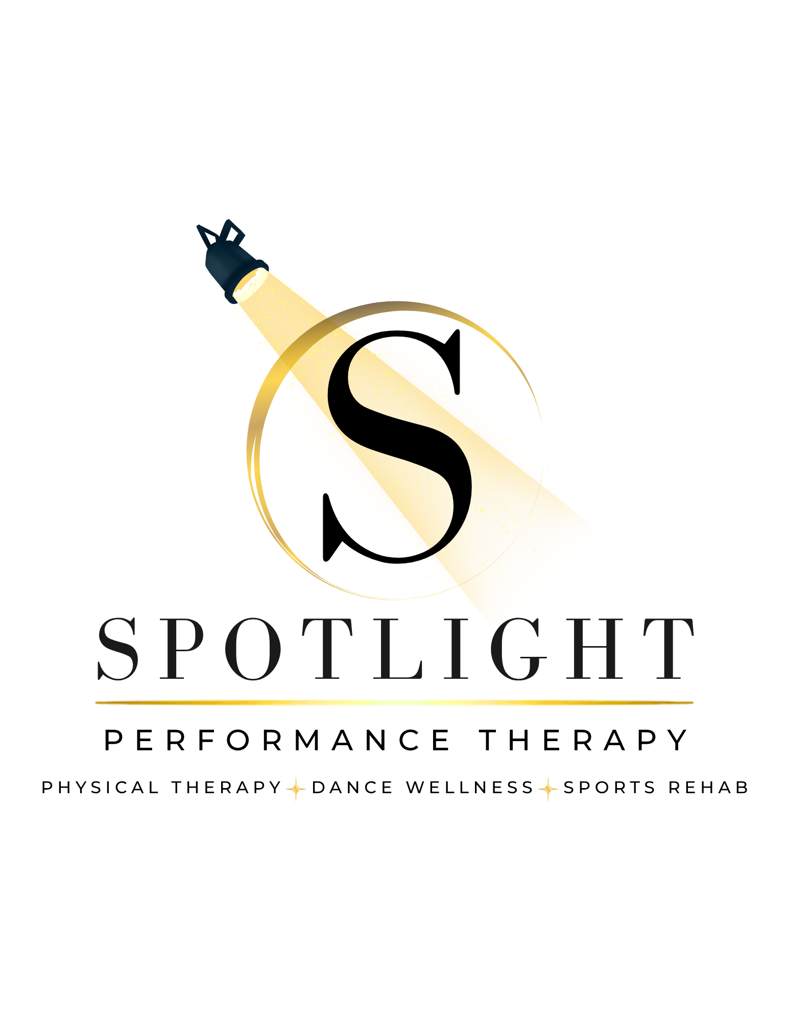A logo with a large black S and a spotlight graphic into a golden bar, with text 'physical therapy, dance wellness, sports rehab' below