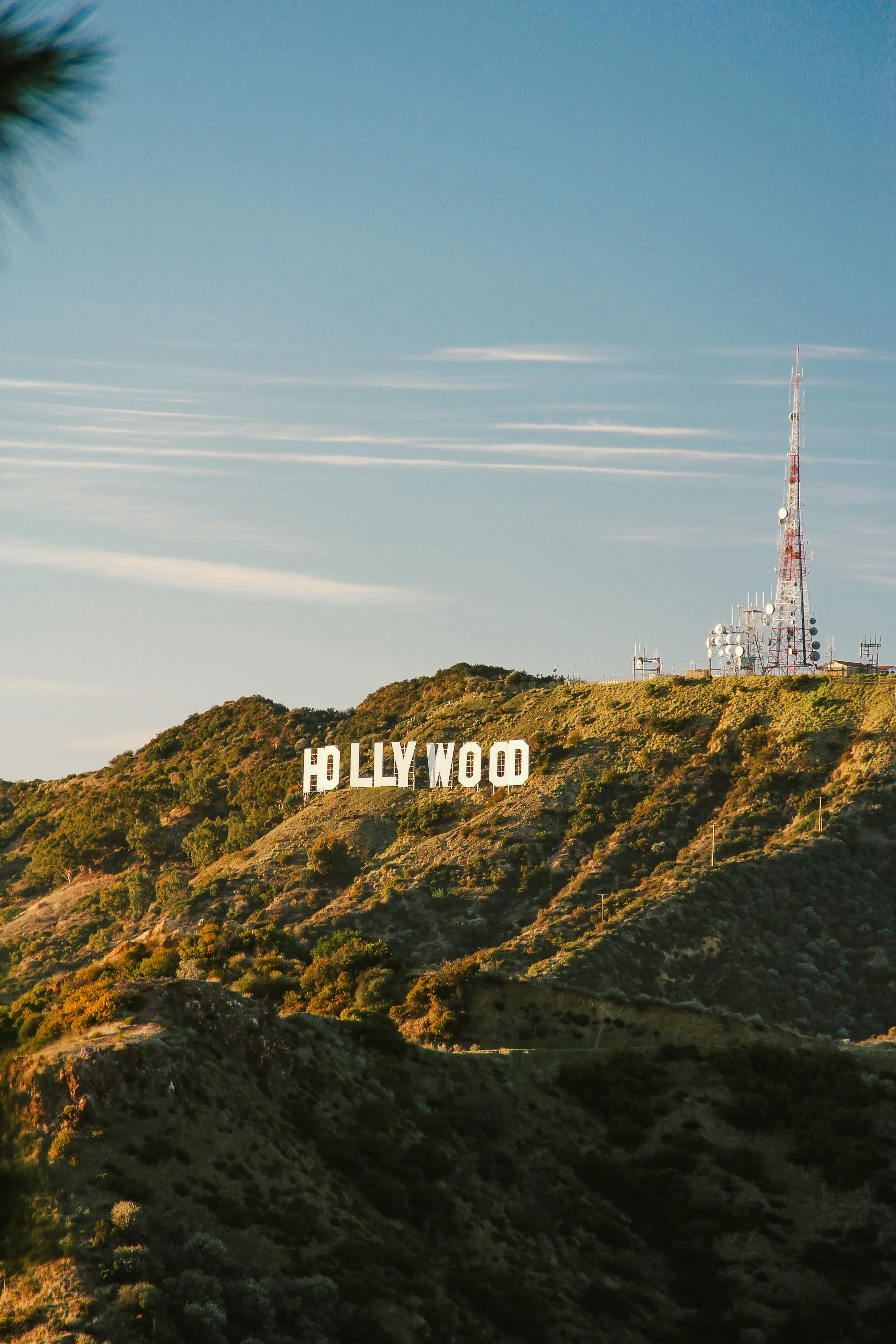 The Hollywood sign is on a hillside with green vegetation, and a tall communication tower with antennas is nearby. The sky is blue with some altocumulus clouds.