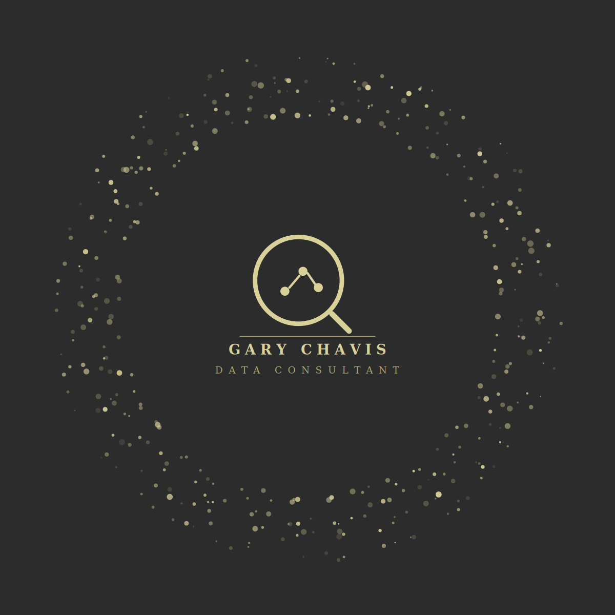 Business card for Gary Chavis, a data consultant, featuring a magnifying glass with a line graph icon and a dotted circular pattern in the background.