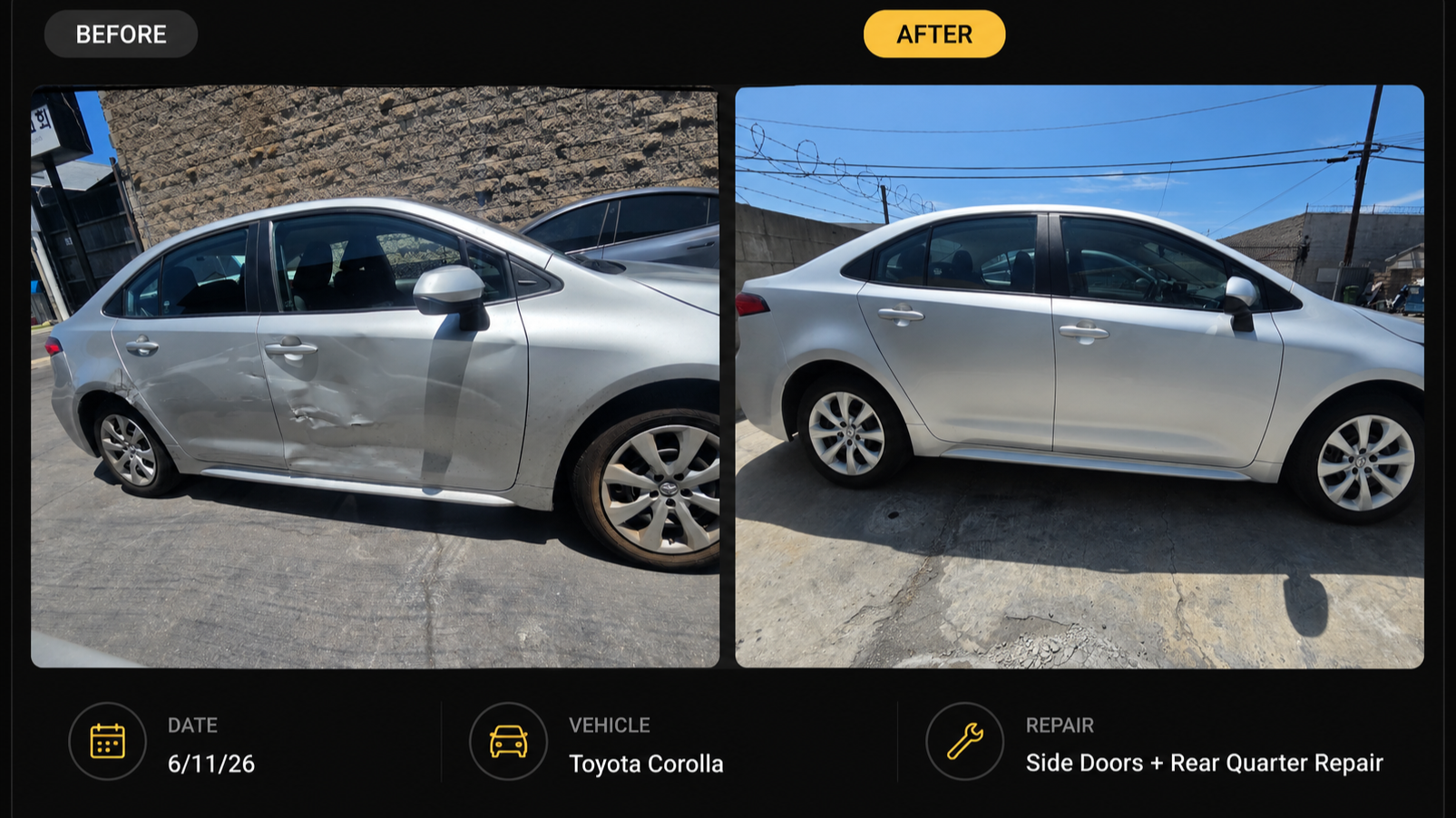 Side-by-side comparison of a silver Toyota Corolla before and after repair. The left image shows the car with damage to the side doors and rear quarter panel, while the right image shows the car post-repair with no visible damage.