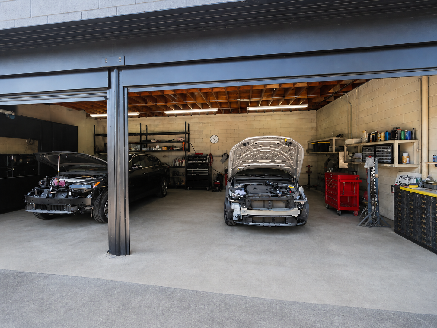 A garage with two cars, one with the hood open and the other with the engine compartment exposed, surrounded by various tools and storage shelves.