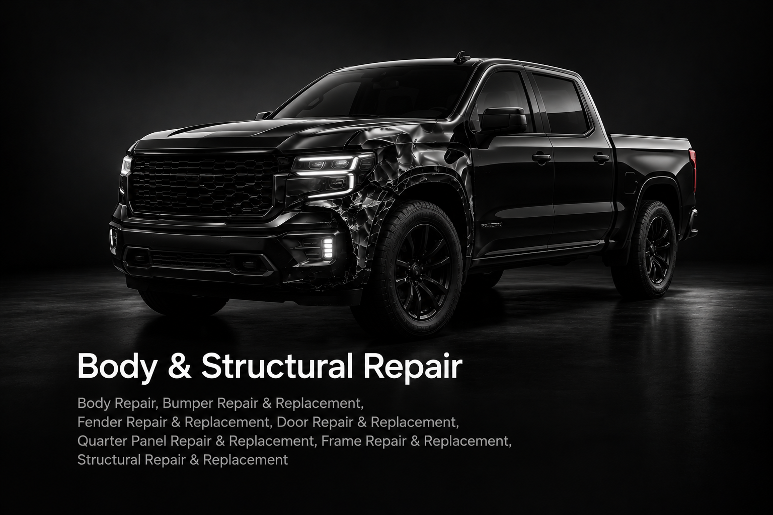 Damaged vehicle representing body and structural repair, including bumper, fender, door, and frame repair.