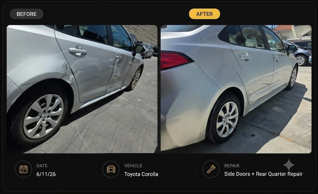 Comparison of a silver Toyota Corolla before and after side door and rear quarter panel repair, showing the dented area fixed.