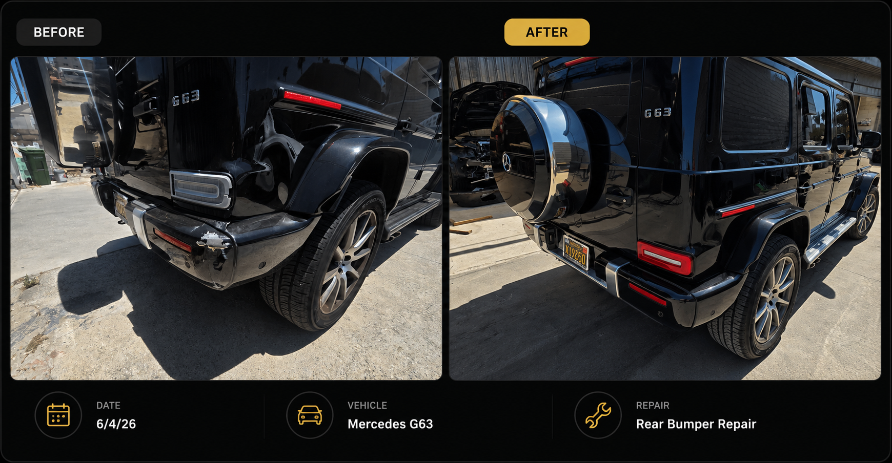 Side-by-side comparison of a black Mercedes G63 before and after rear bumper repair showing the left side damaged bumper replaced with a new one.