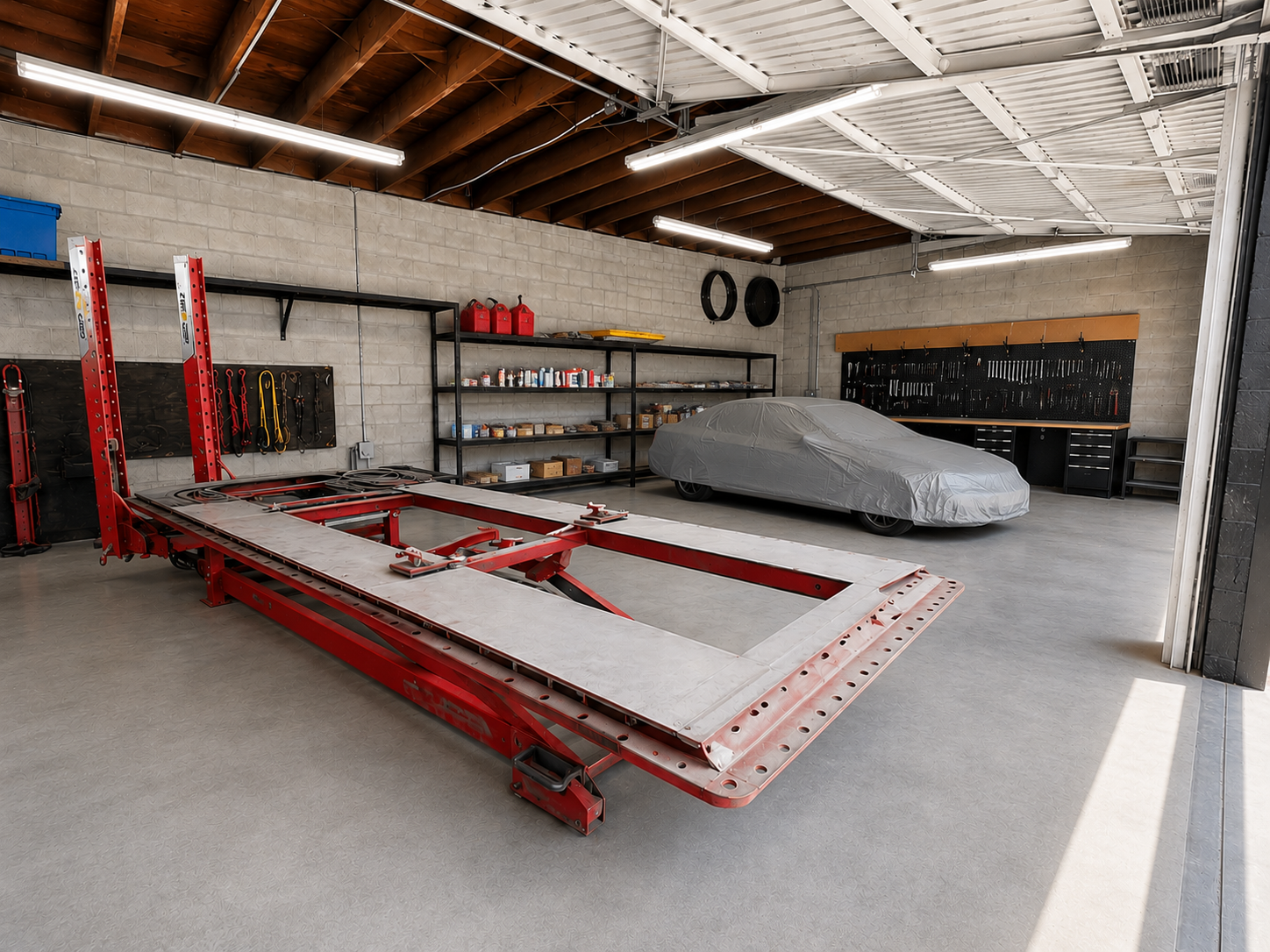 Empty garage with a car covered by a gray cover, a red vehicle lift, black workbenches, tools on a pegboard, shelving with supplies, and garage equipment.