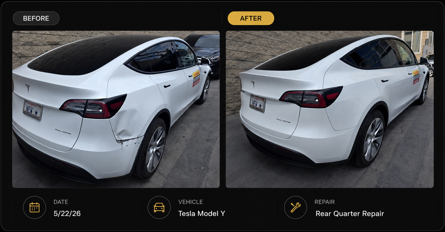 Side-by-side before and after photos of a white Tesla Model Y with rear quarter repair. The before photo shows a damaged rear quarter panel with dents and scratches, while the after photo shows a repaired, smooth rear quarter panel. The photos are taken outdoors near a brick wall, with a California license plate reading 'NEW'. The repair date is 5/22/26, and the work was performed on the rear quarter.