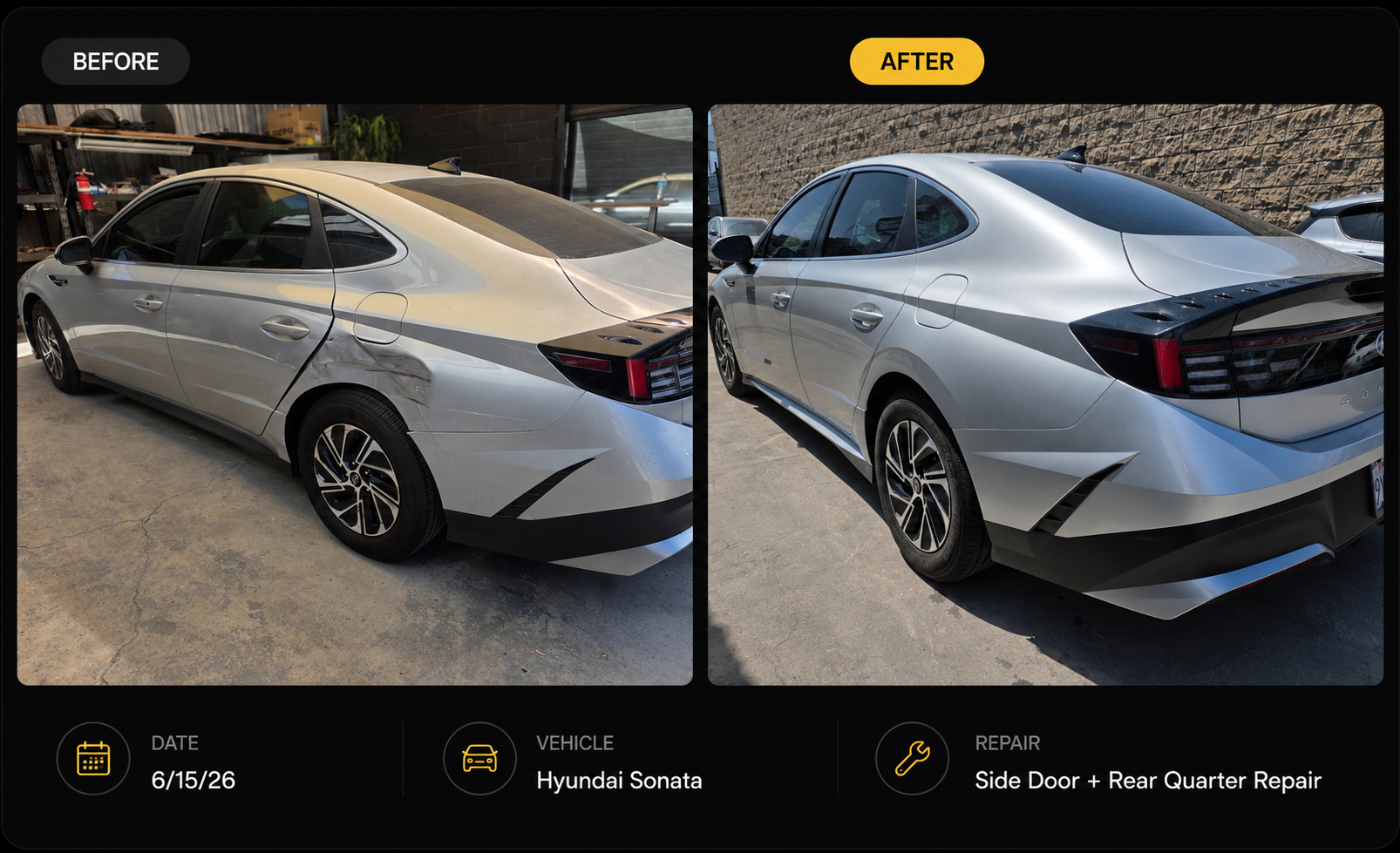 Side-by-side comparison of a Hyundai Sonata before and after side door and rear quarter repair. The 'before' image shows the damaged area with dents and scratches, while the 'after' image shows the repaired, smooth surface. The photos are dated 6/15/26.