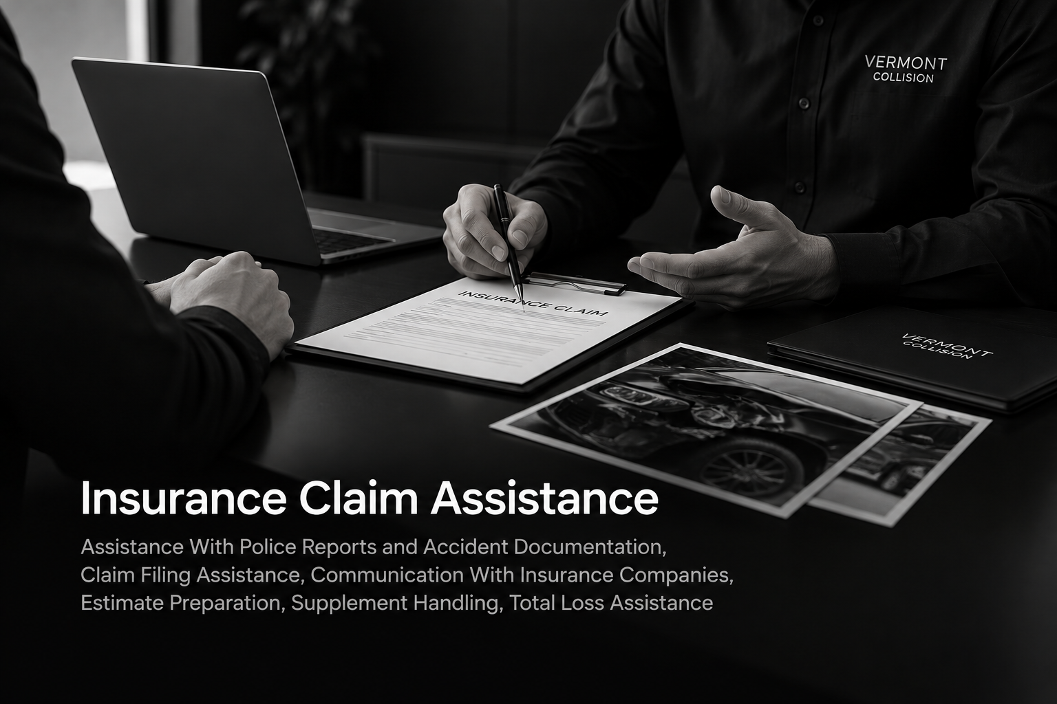 Customer receiving insurance claim assistance and collision repair guidance at Vermont Collision.
