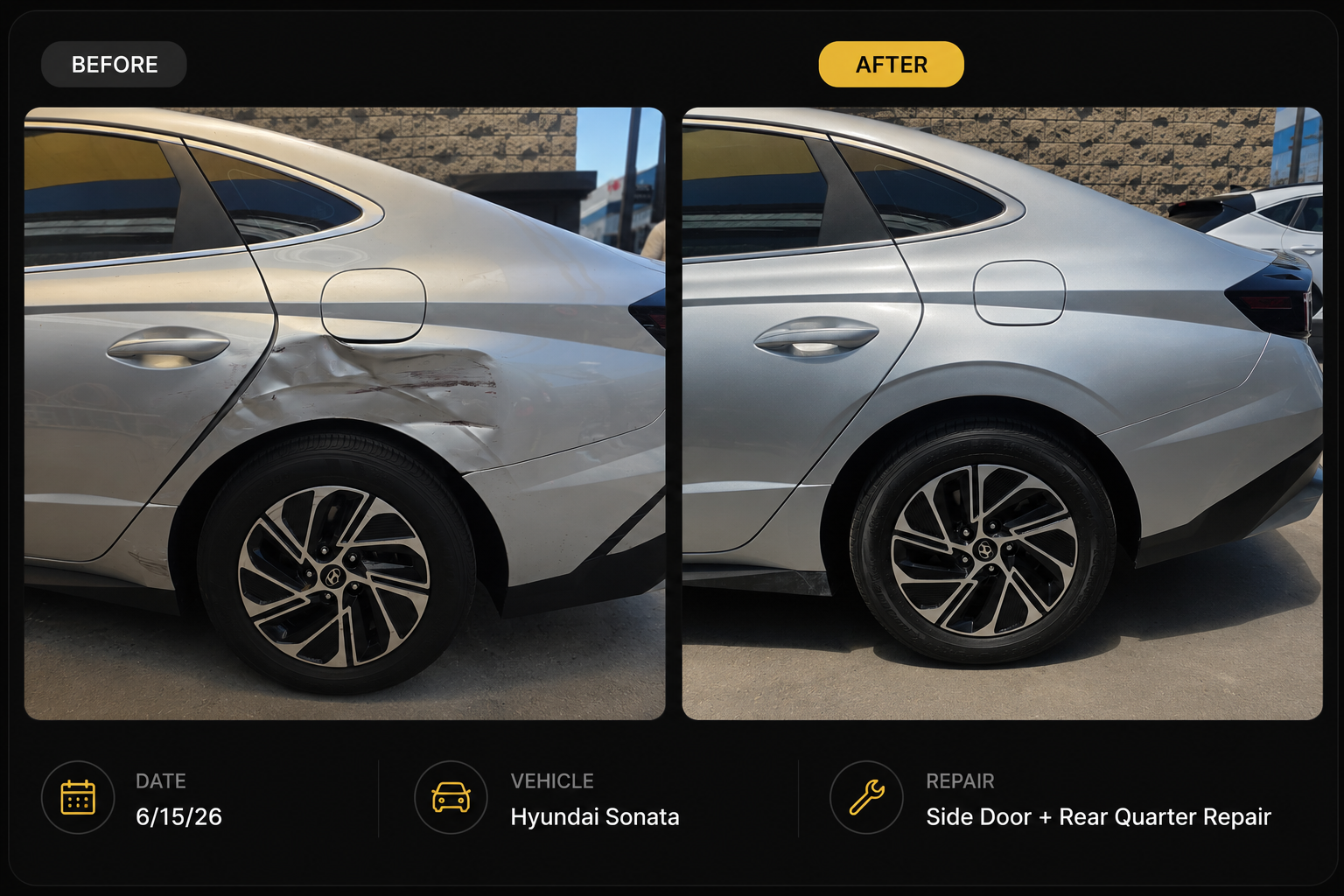 Side view of a silver Hyundai Sonata before and after repairs showing damage on the rear quarter panel and side door, with the after image showing the repaired and restored panel.