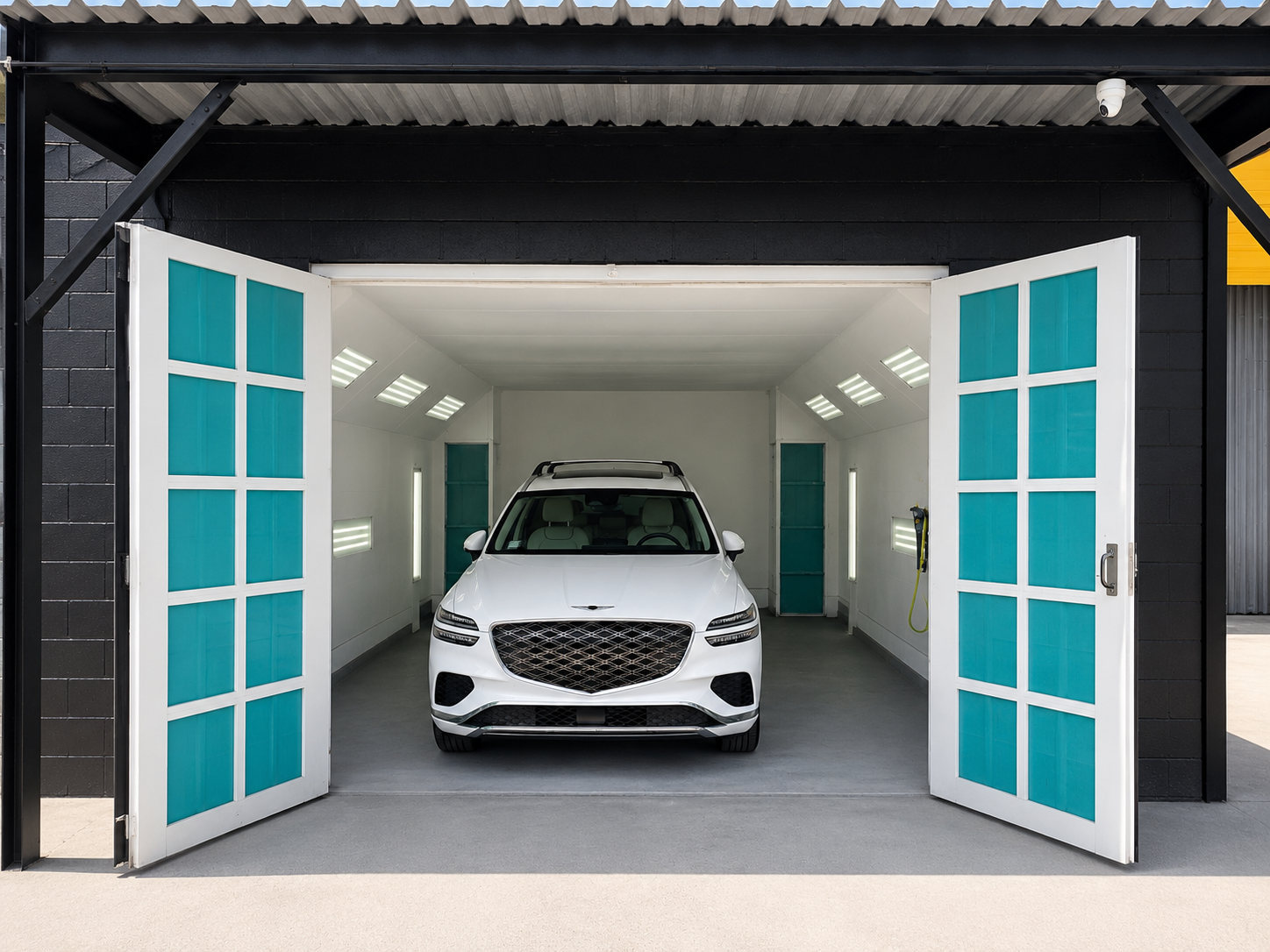 White SUV parked inside a modern, clean car wash bay with turquoise accents, open double doors, and bright interior lighting.