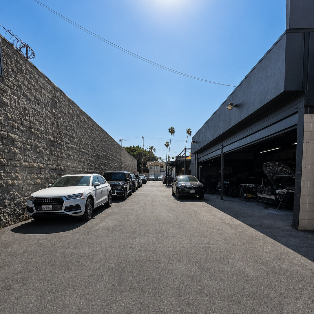 A narrow alleyway with parked cars on the left and an auto repair shop on the right, with the garage door open revealing cars inside and palm trees in the background under a clear blue sky.