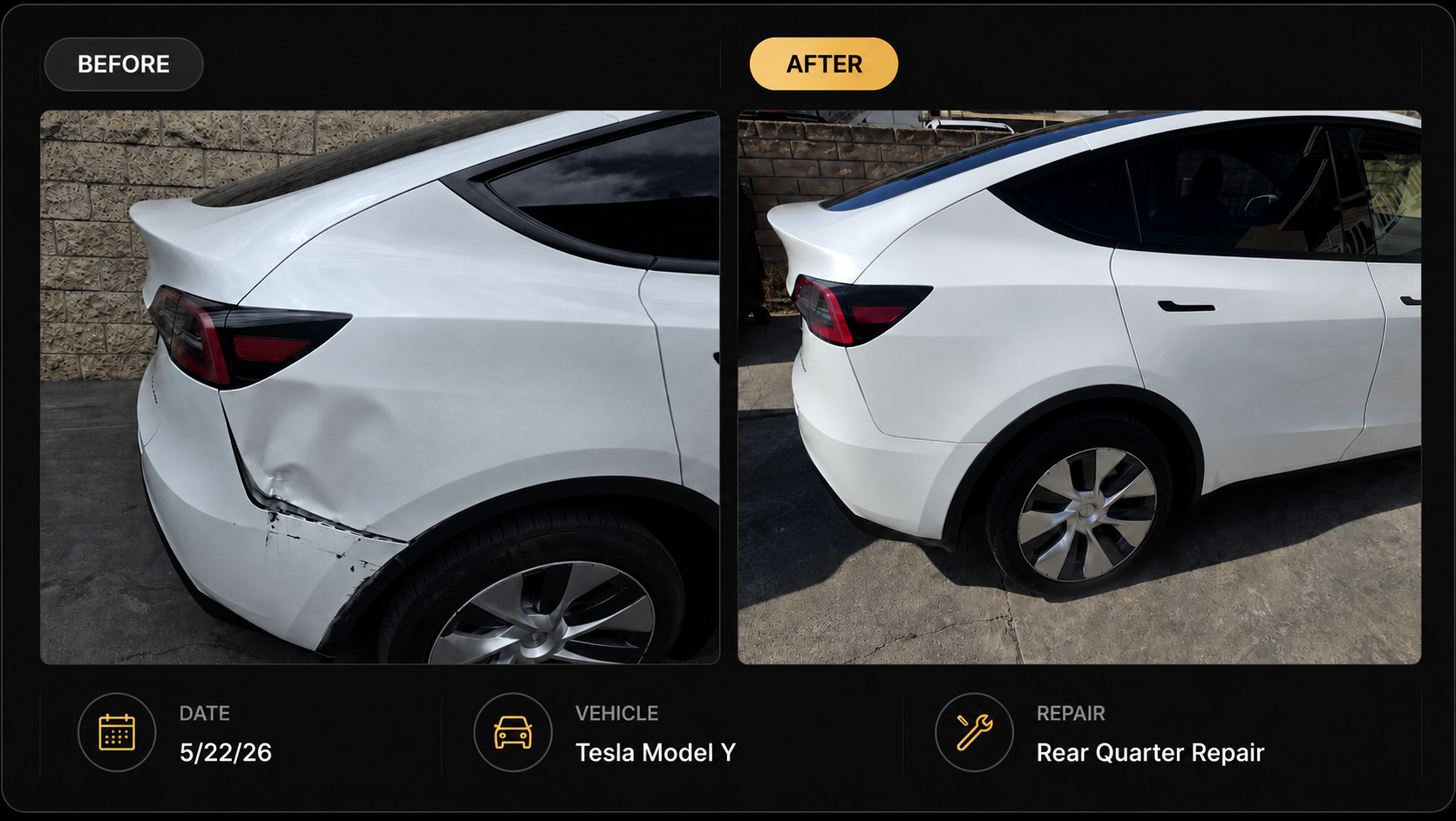 Comparison of a white Tesla Model Y before and after rear quarter panel repair. The "before" side shows a dent and damage to the rear quarter panel, while the "after" side shows the panel repaired and restored. The repair date is 5/22/26.