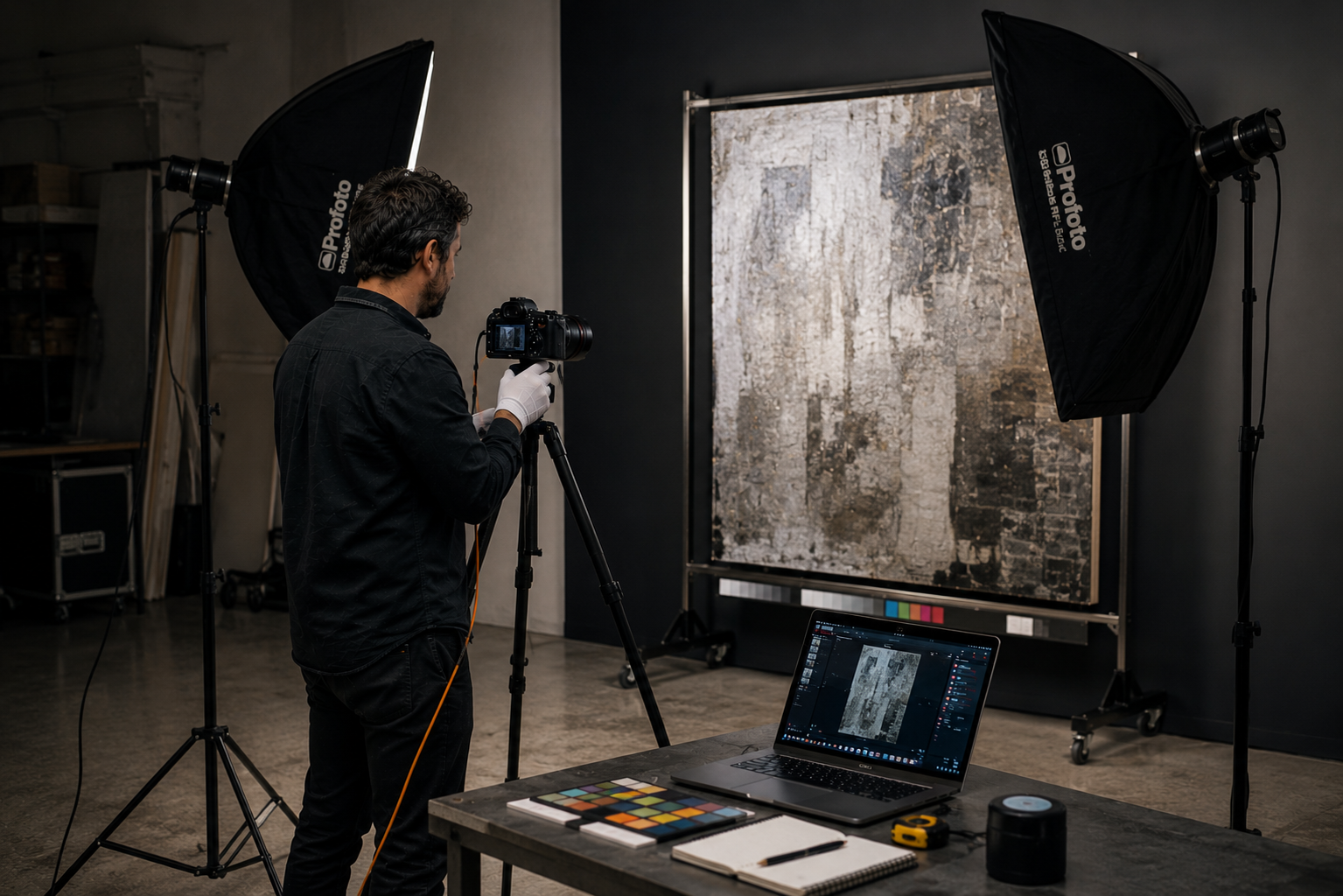 Photographing artwork for reproduction and collection documentation using professional studio lighting.