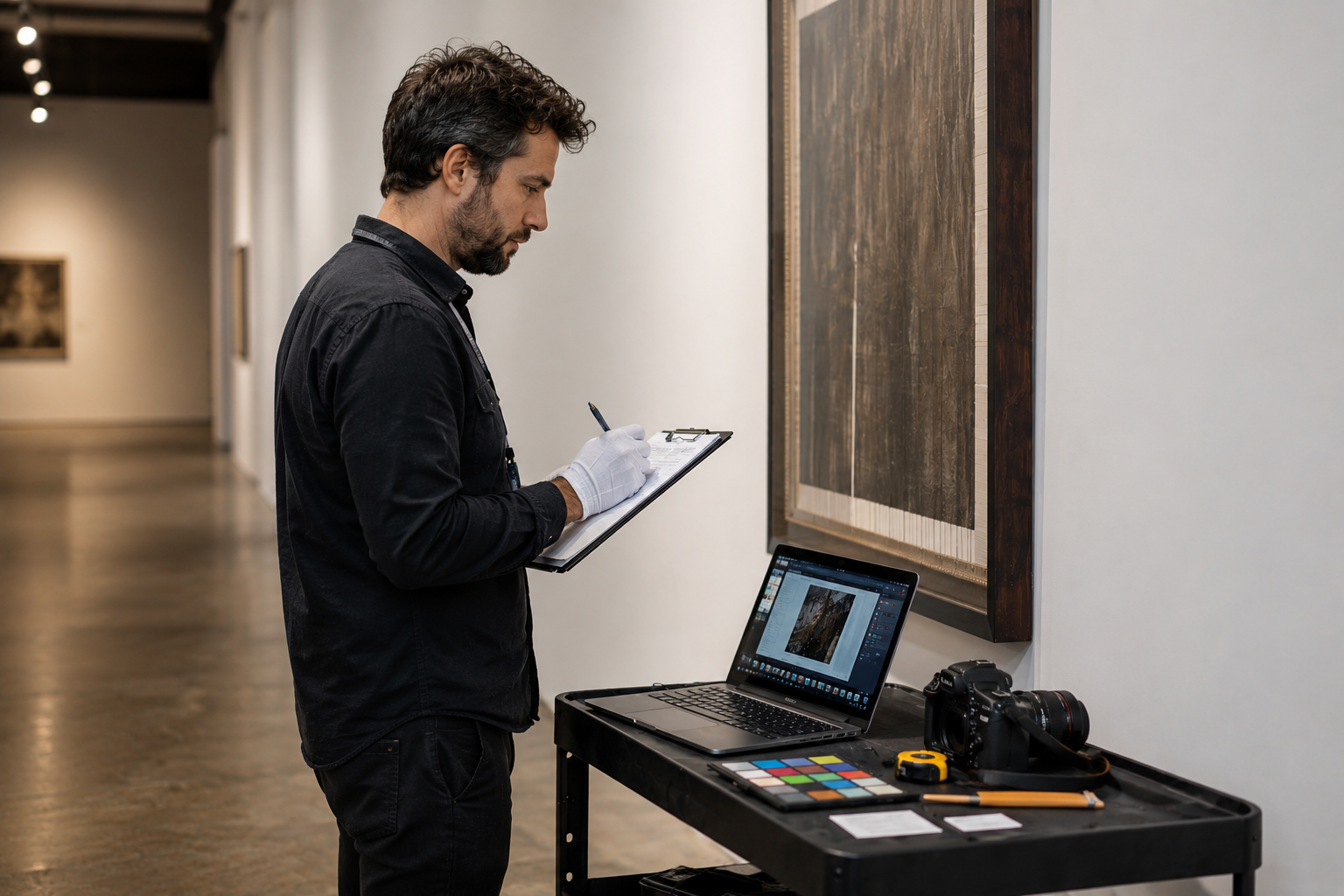 Conducting a condition report and cataloging artwork for collection management.