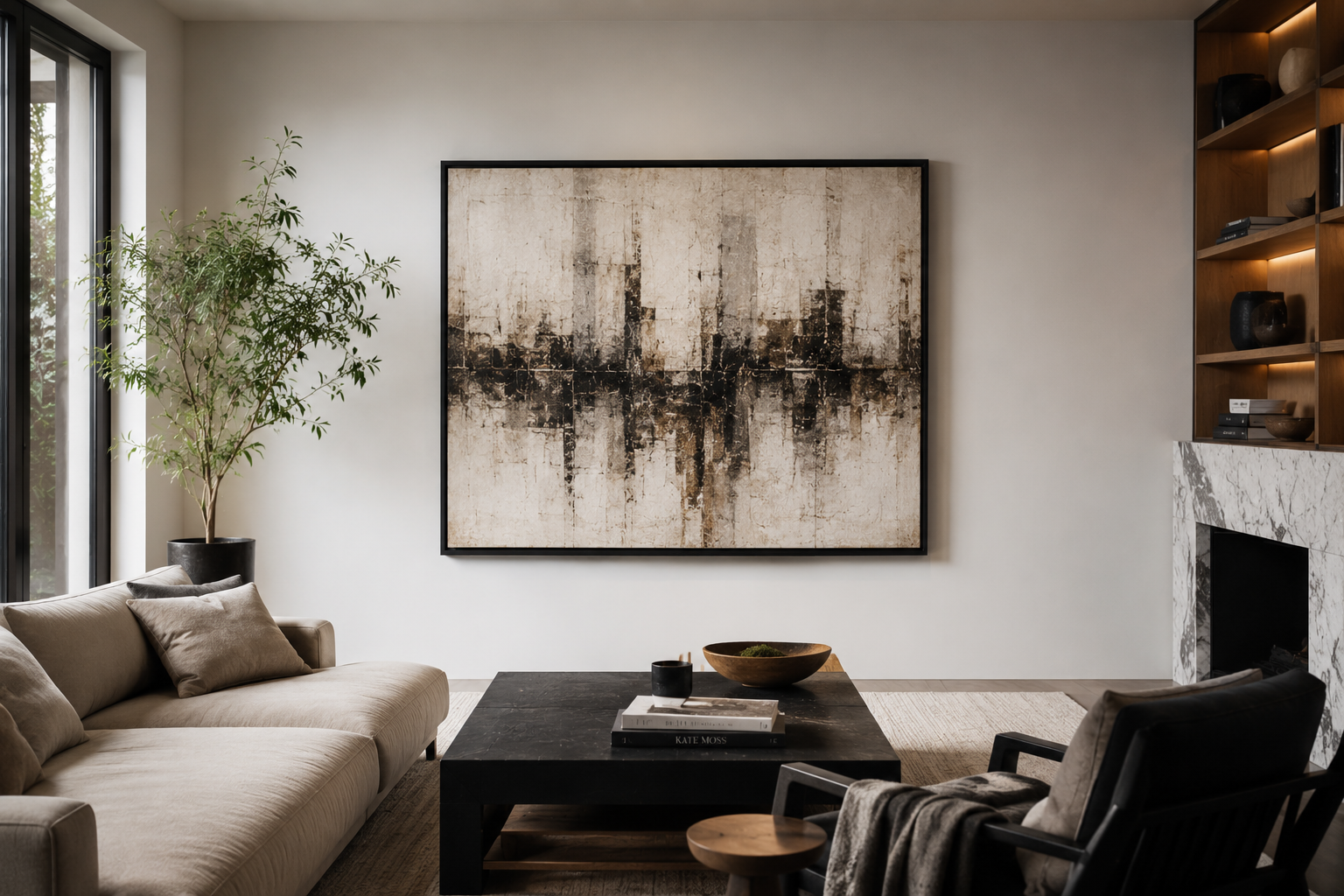Large framed artwork installed in a contemporary residential interior.