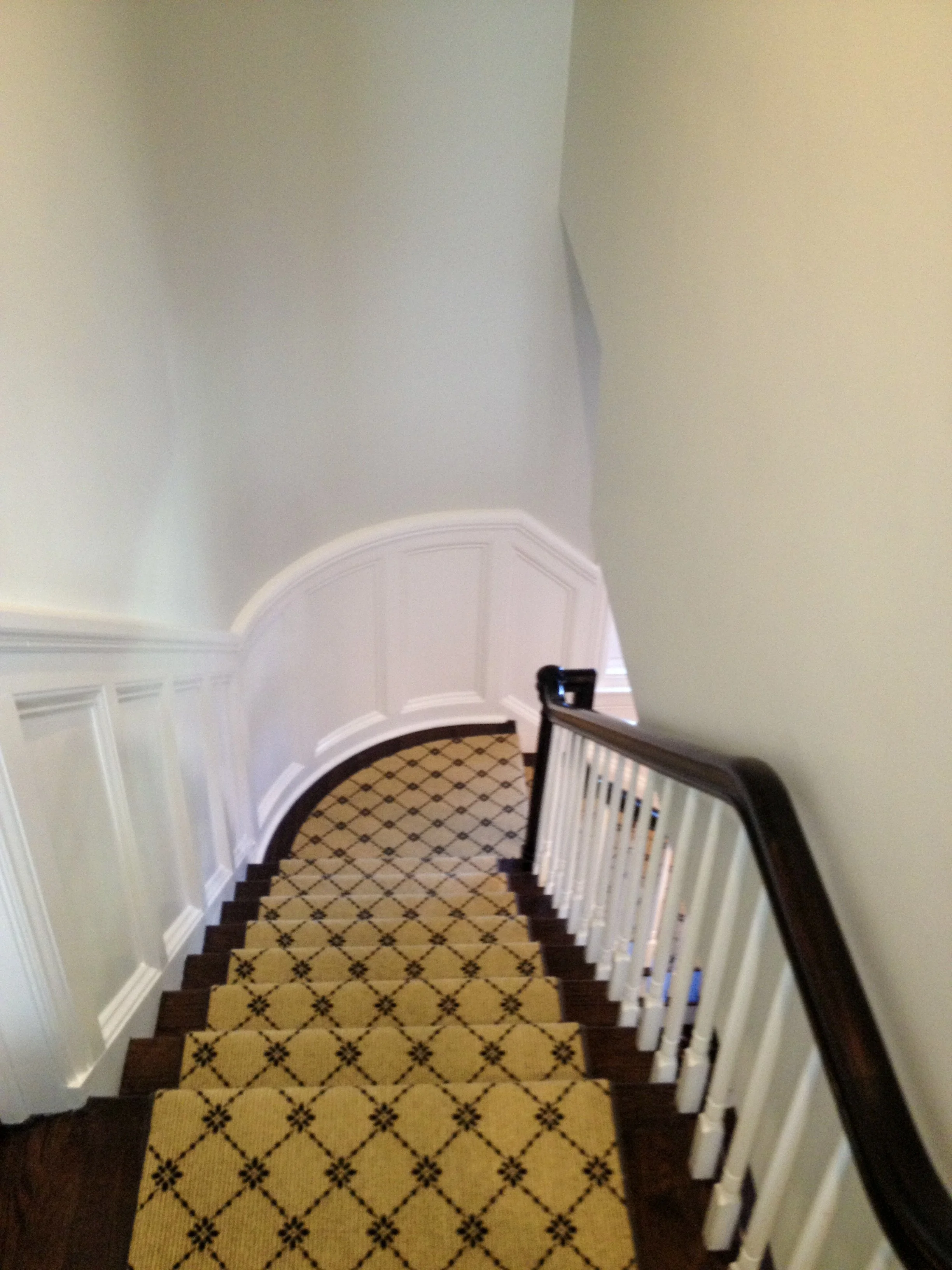 A staircase with a yellow and black patterned carpet, white wainscoting on the wall, and a black handrail, seen from the top looking down.