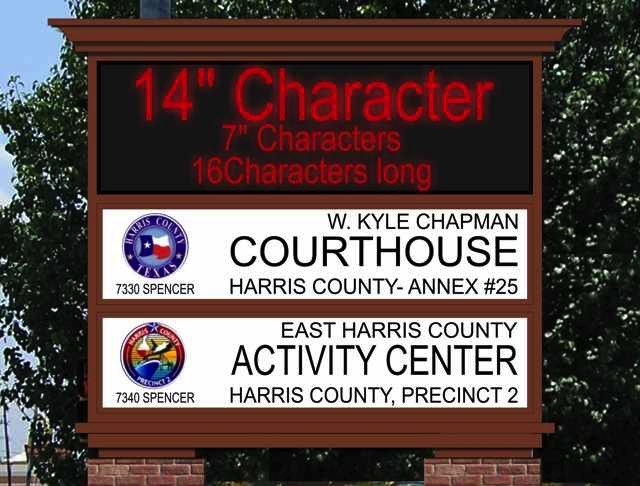 Signboard advertising text sizes and two location signs for Courthouse and Activity Center in Harris County.