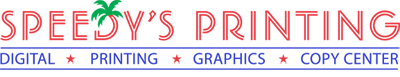 Logo for Speedy's Printing featuring red text with a green palm tree, underlined by blue and pink lines with additional services listed.