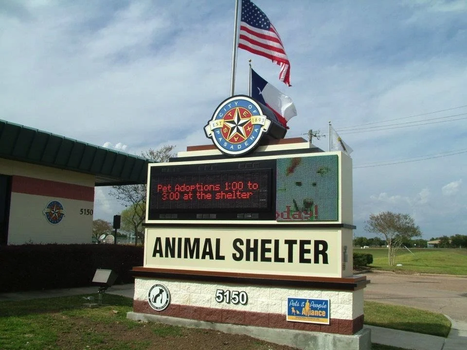 Sign for an animal shelter with flags of the United States and Texas, a digital message board, and the shelter's address 5150.