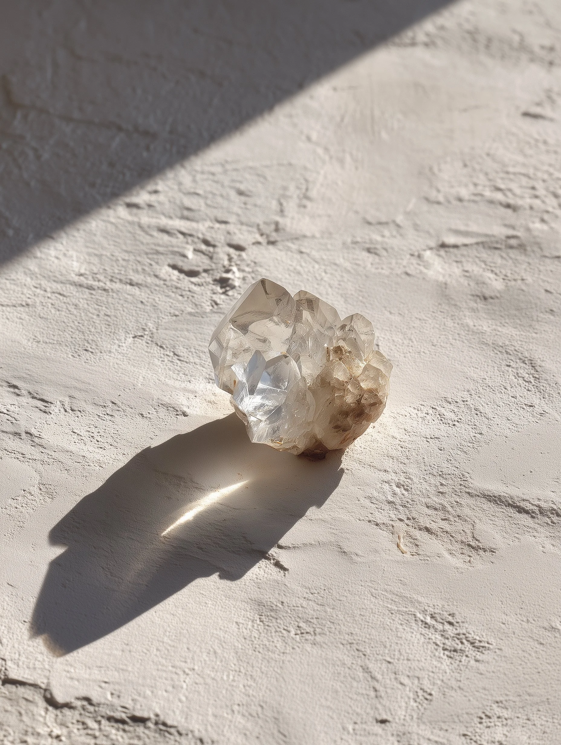 A light-colored crystal or mineral on a white textured surface with a shadow cast to the left.