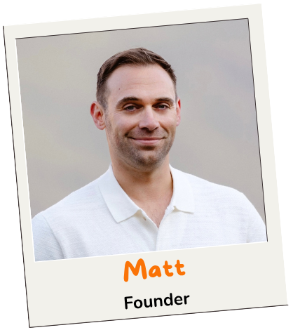 Portrait of a man with short hair, wearing a white collared shirt, smiling against a neutral background. The photo has a Polaroid-style border with the name "Matt" and the title "Founder" written on it.