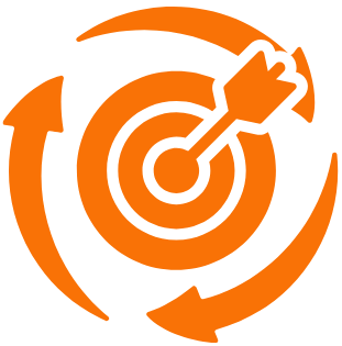 An orange target with a dart hitting the bullseye, surrounded by circular arrows.