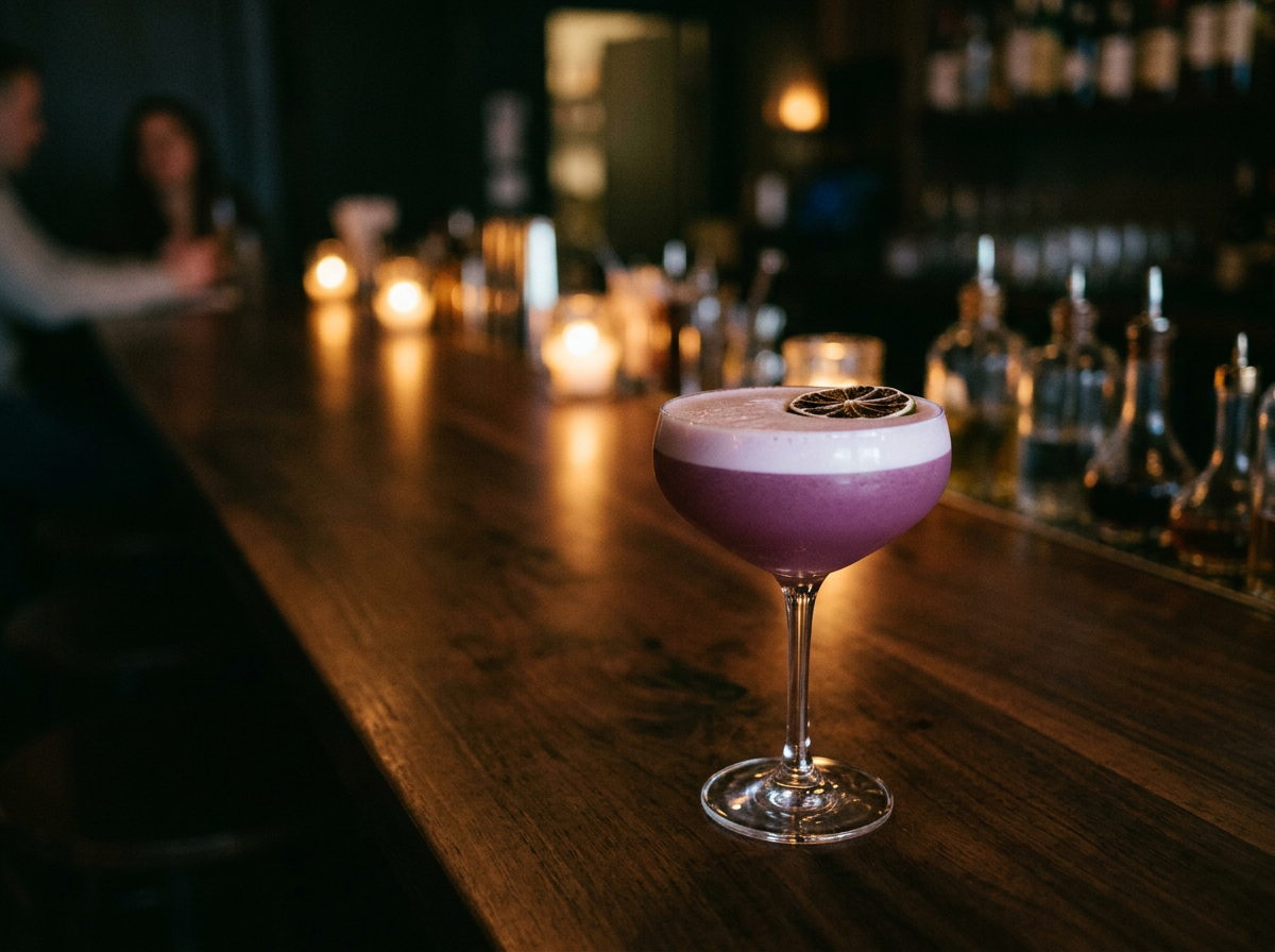 Pink layered cocktail with a dried lemon slice on top, set on a wooden bar in a dimly lit bar with candles and glasses in the background.