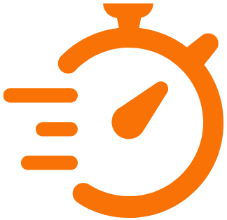 Orange stopwatch icon with speed lines indicating quickness.