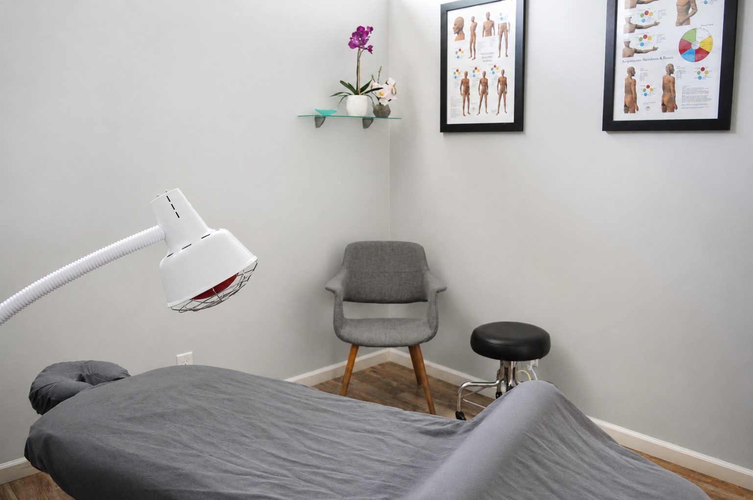 A ,medical examination room with a treatment bed covered in gray sheets, a white lamp, a gray armchair, a black stool, and framed anatomical charts on the wall.