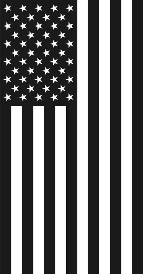 Black and white American flag with black stripes and white stars.
