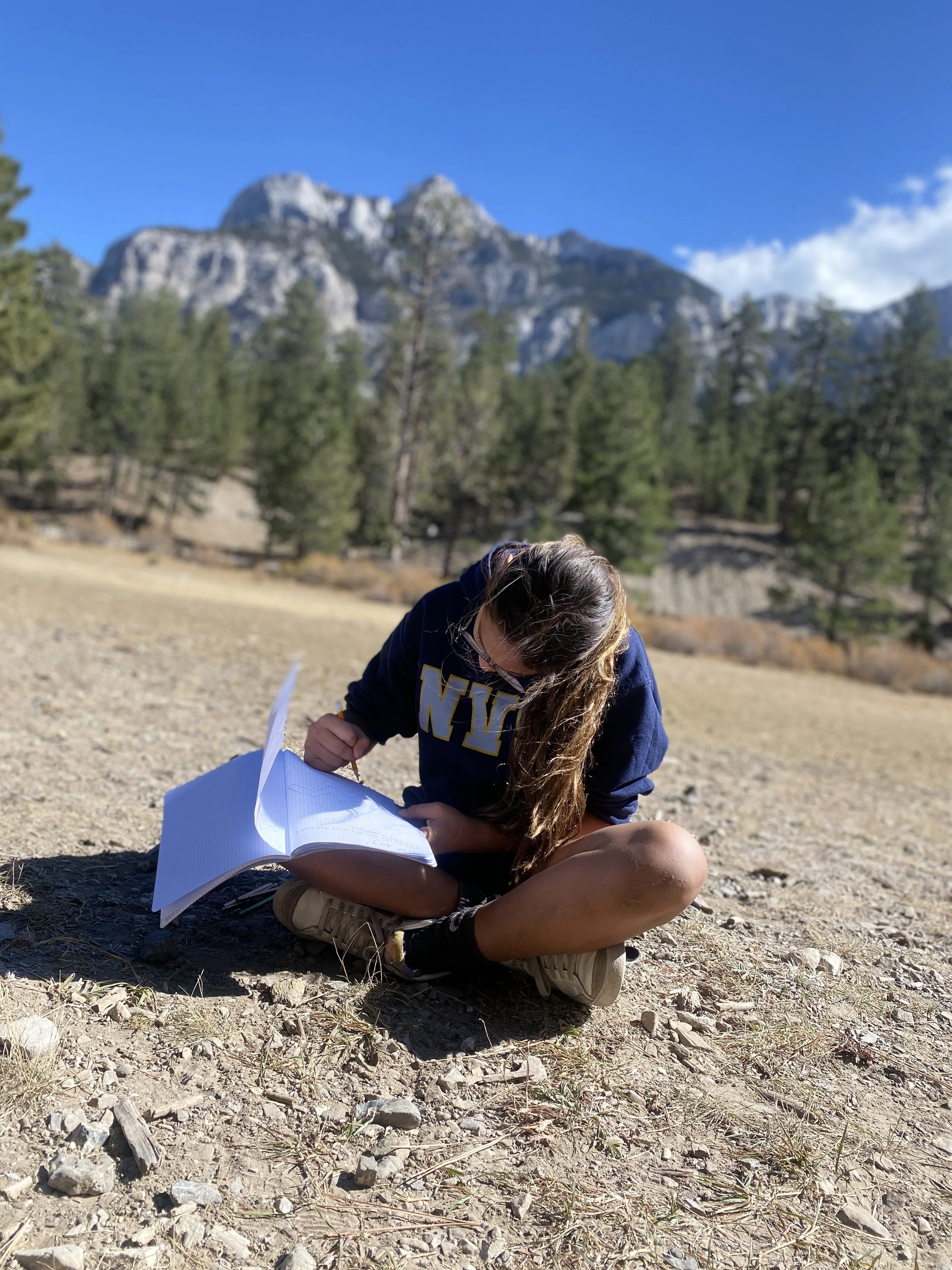 A person sitting cross-legged on rocky ground, writing or drawing in a notebook with trees and mountains in the background.