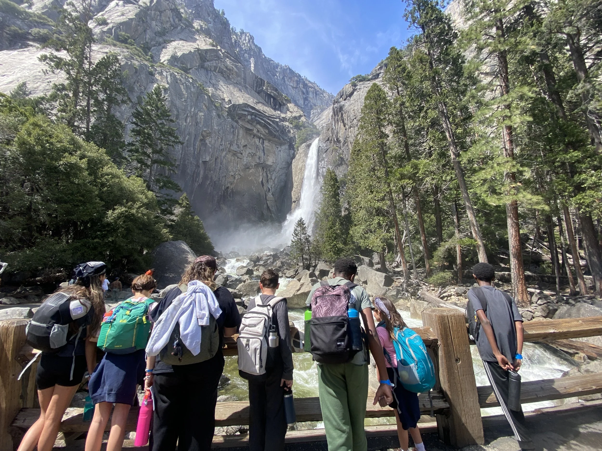 Group of people standing on a wooden bridge overlooking a waterfall surrounded by tall trees and rocky cliffs on a bright sunny day.