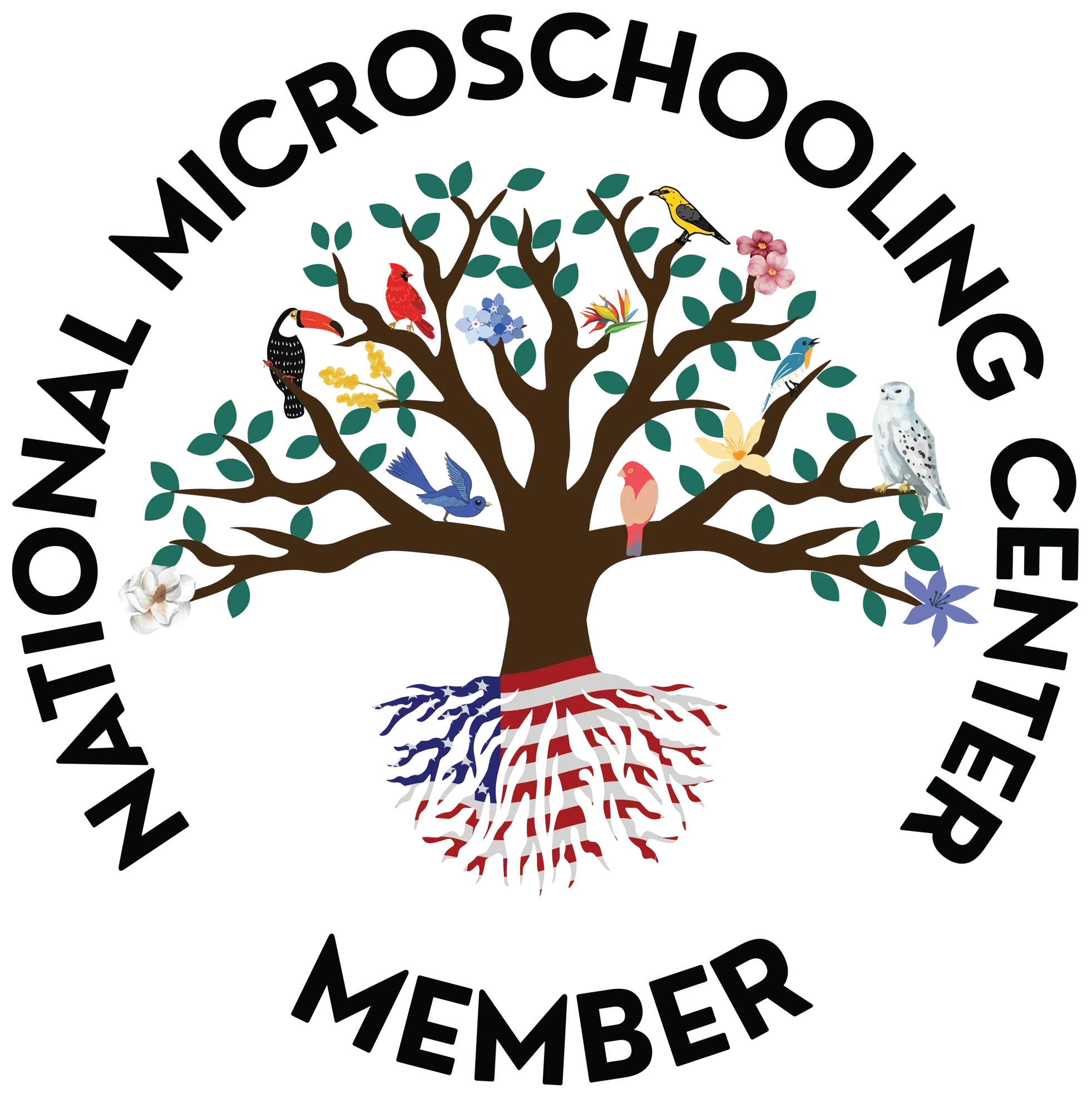 A black background with a colorful illustration of a tree with various birds, flowers, and elements representing American culture, including an owl, a cardinal, a bluebird, a yellow house finch, a magnolia flower, and an owl with an American flag ribbon around its neck.