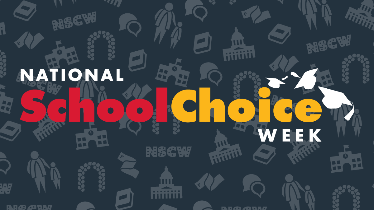 Graphic design for National School Choice Week featuring the event name with a background of icons representing education and government, such as school buildings, graduation caps, teachers, students, and governmental symbols.