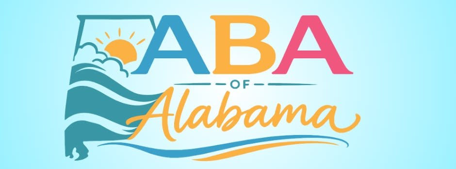 Illustration of the state of Alabama with a sun, waves, and the text 'A B A of Alabama' in colorful letters.
