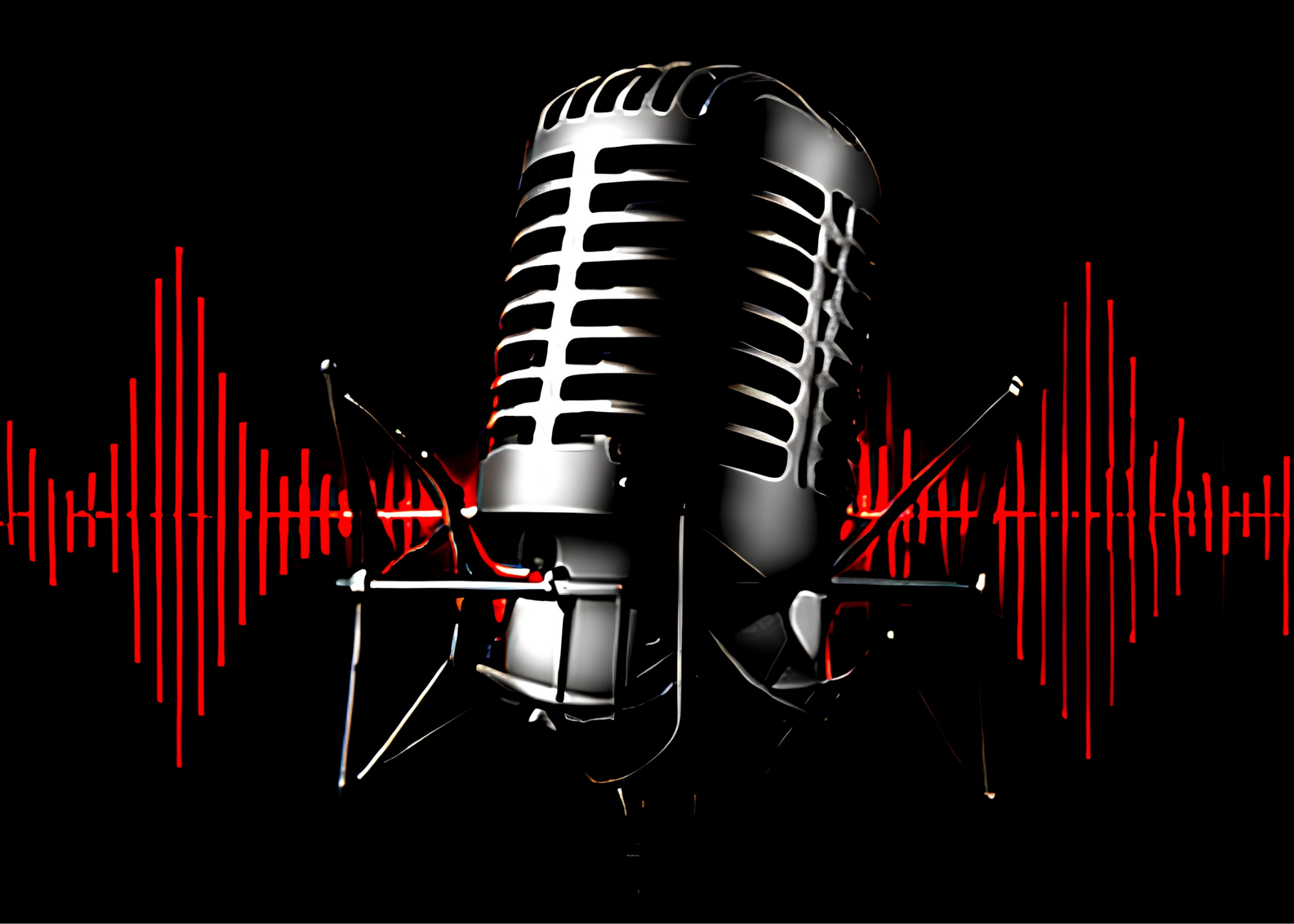 A vintage-style microphone in front of sound wave graphics with red lines on a black background.