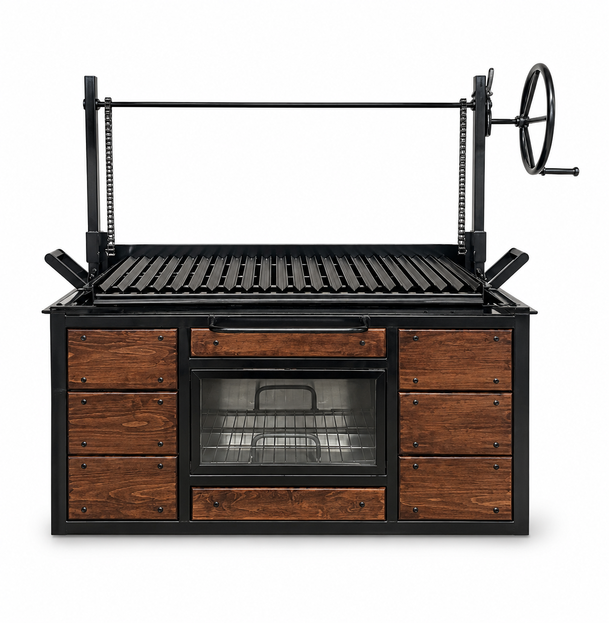 Grill de carbón con base de madera y almacenamiento inferior, con tapa de vidrio y rejilla interior, y asador con rueda de control en un lado.