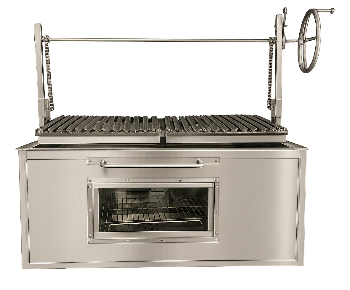 Parrilla comercial de acero inoxidable con bandeja y horno integrados.