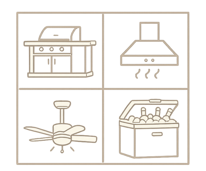 Cuatro cuadros con electrodomésticos de cocina y oficina, incluyendo una estufa, campana extractora, ventilador de oficina y lavavajillas.