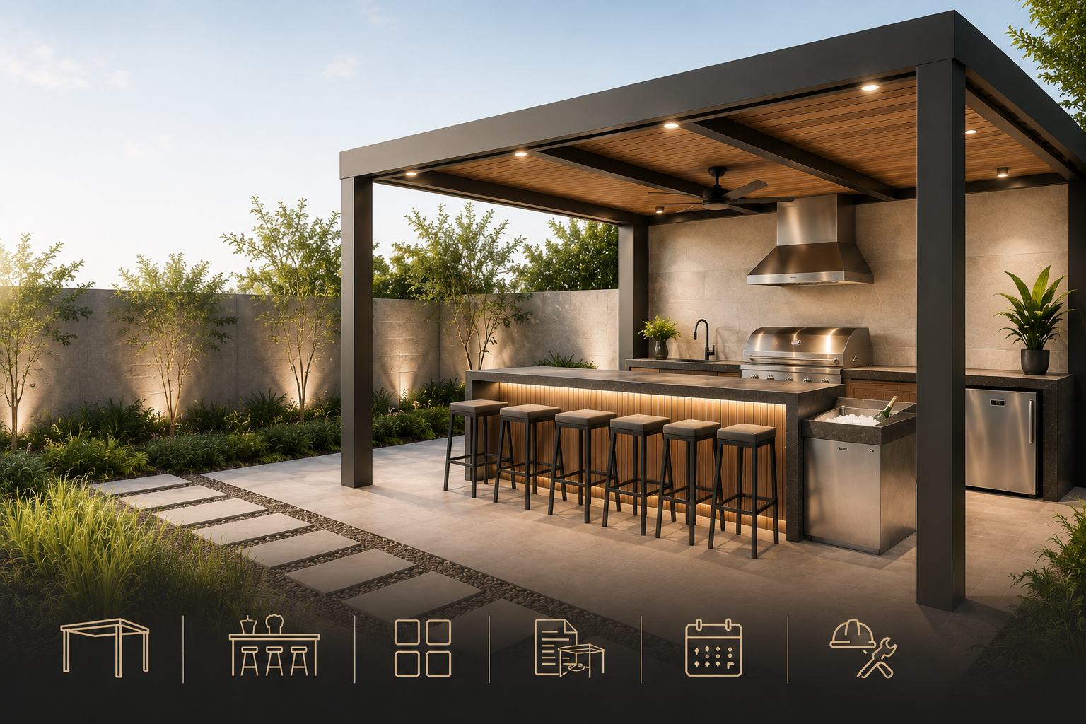 Área de cocina al aire libre con barbacoa, barra con taburetes y vegetación decorativa.