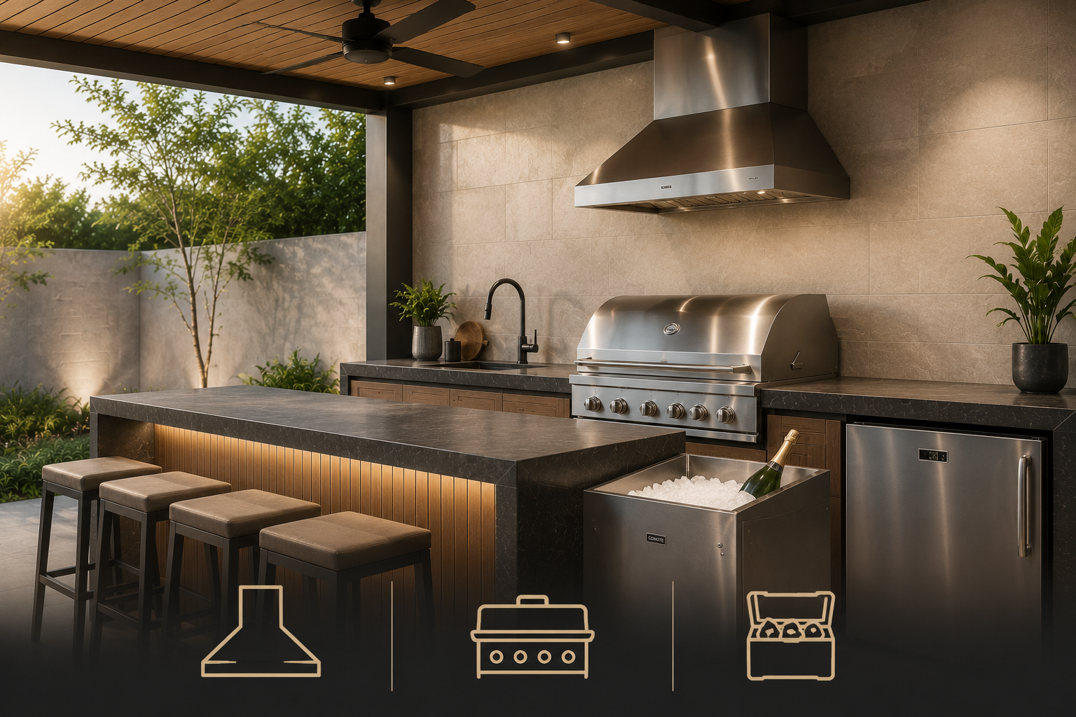 Terraza exterior con tarja, asador, barra, hielera emptorada y más.