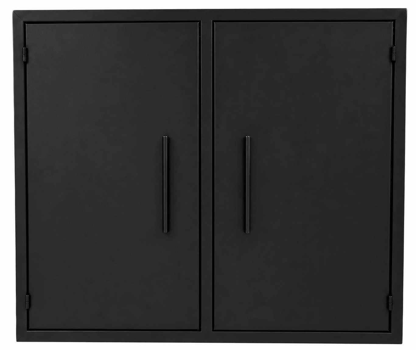Gabinete de metal negro con doble puerta y mangos largos verticales.