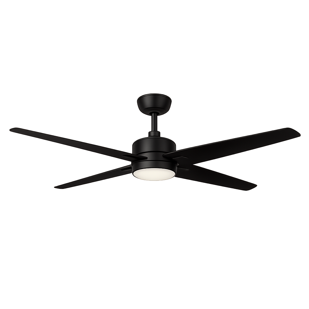 Ventilador de techo negro con luz en el centro, instalado en el techo de una habitación.