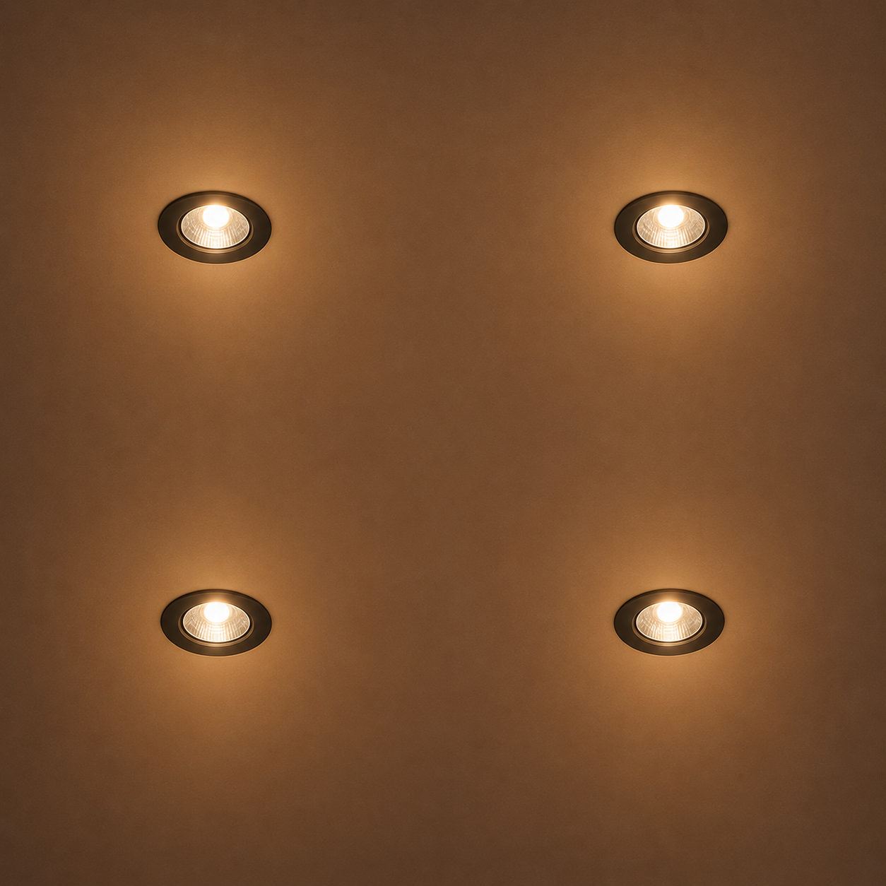 Cuatro luces empotradas en el techo, brillando y creando un efecto de iluminación cálido.