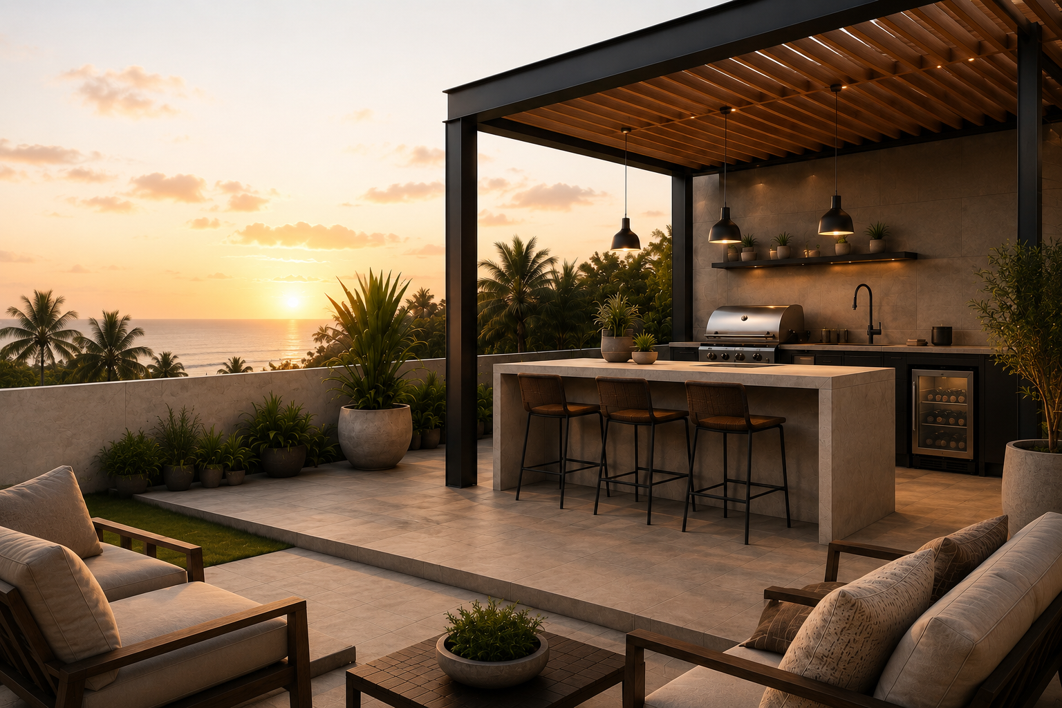 Terraza moderna con cocina al aire libre y vista al mar durante atardecer, con muebles de jardín, plantas en macetas y área de barbacoa.