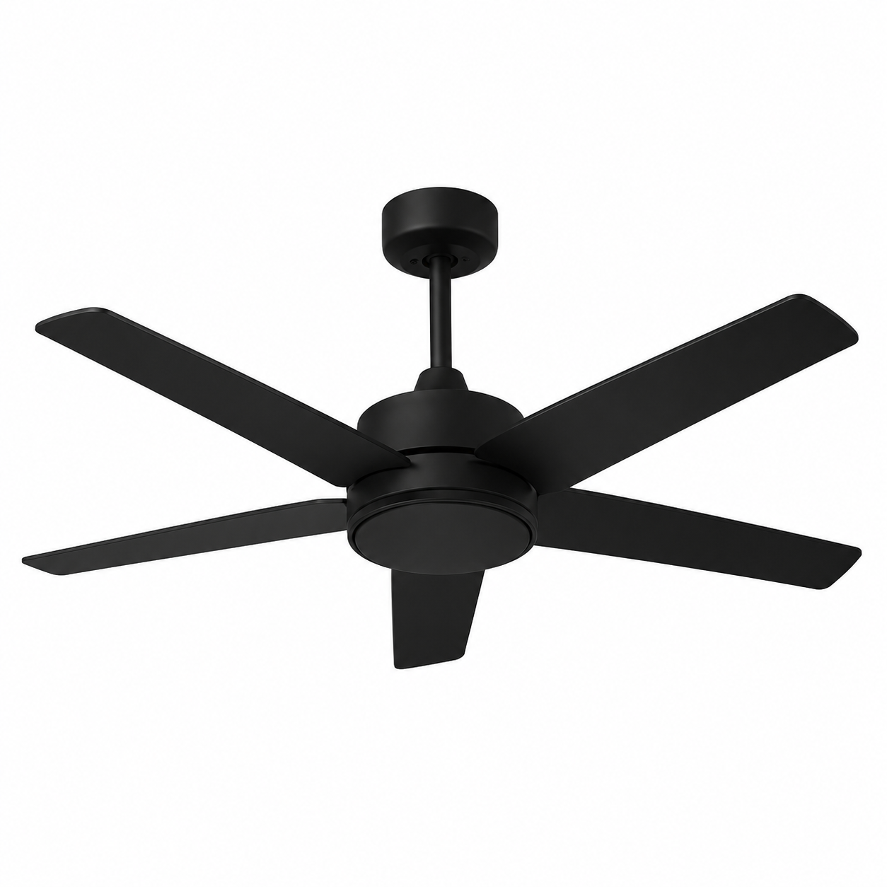 Ventilador de techo negro con cinco aspas en un fondo blanco.