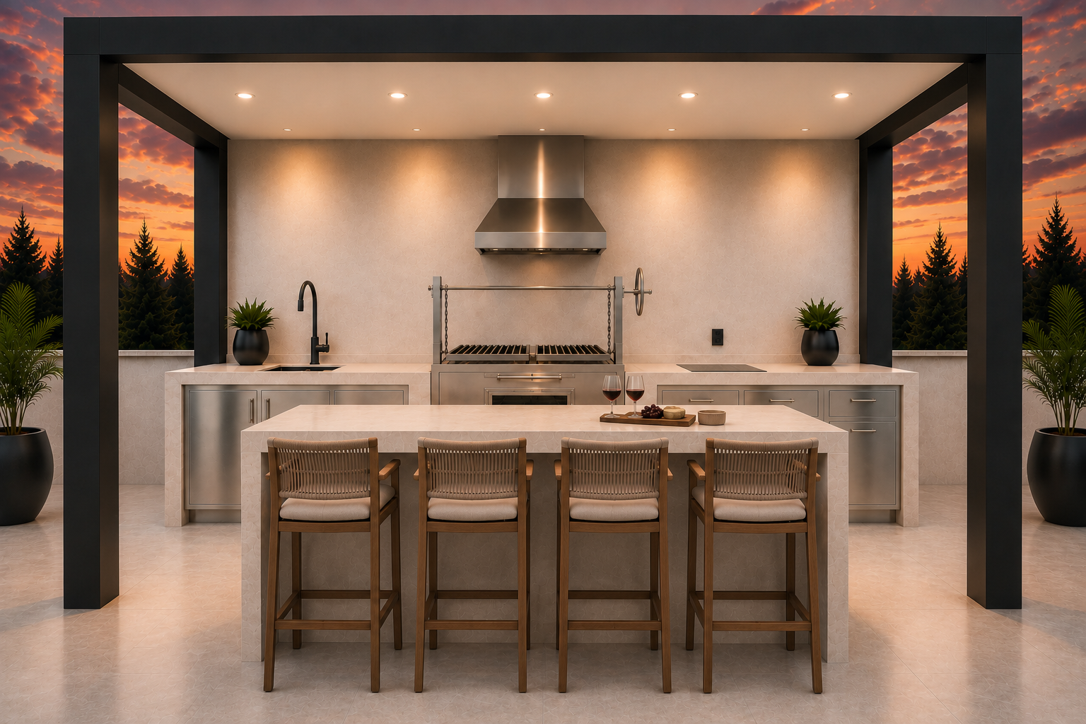 Cocina moderna al aire libre con barra de desayuno, cinco sillas de madera, parrilla de carbón, dos plantas en macetas negras, vista de atardecer con nubes naranjas en el cielo y árboles de pino